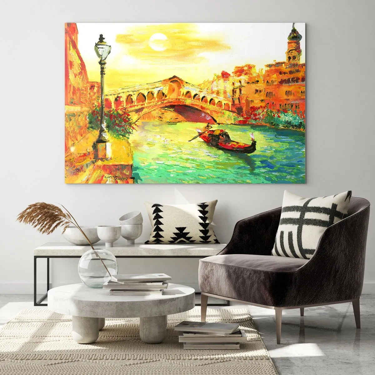 Glasbild - Bild auf glas - Kanal mit Gondel und Brücke in den Strahlen der untergehenden Sonne - 70x50cm - Eine Pilgerreise der Liebenden - Moderne Wanddekoration für Wohnzimmer und Schlafzimmer ARTTOR