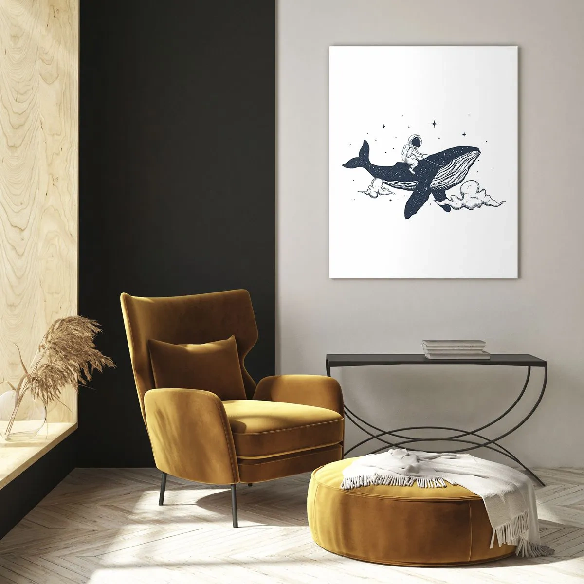 Glasbild - Bild auf glas - Astronaut auf einem im Weltraum schwebenden Wal - 80x120cm - Weltraumabenteuer - Moderne Wanddekoration für Wohnzimmer und Schlafzimmer ARTTOR