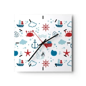 Wanduhr - Glasuhr - Nautisches Muster mit Ankern, Schiffen und Krabben - 30x30cm - Märchen vom Meer - Moderne Wanddekoration für Wohnzimmer und Schlafzimmer ARTTOR