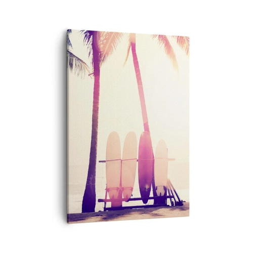 Bild auf Leinwand - Leinwandbild - Palmen und Surfbretter am Strand im Sonnenschein - 50x70cm - Es wird ein toller Tag - Moderne Wanddekoration für Wohnzimmer und Schlafzimmer ARTTOR