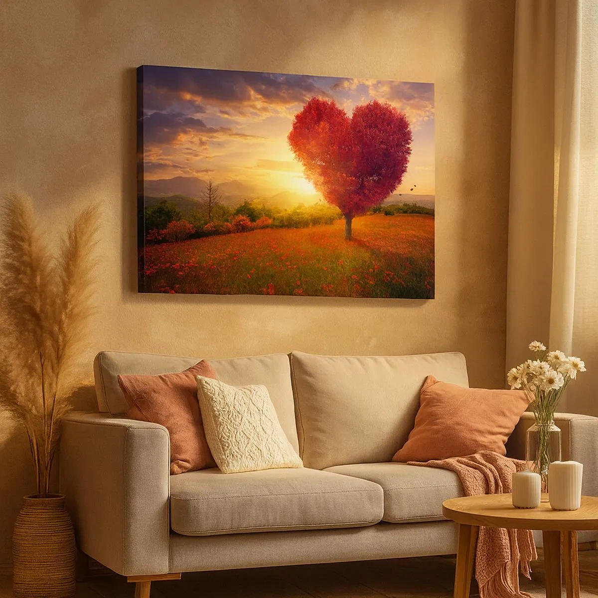 Bild auf Leinwand - Leinwandbild - Herzförmiger Baum bei Sonnenuntergang - 70x50cm - Berührt das Herz - Moderne Wanddekoration für Wohnzimmer und Schlafzimmer ARTTOR