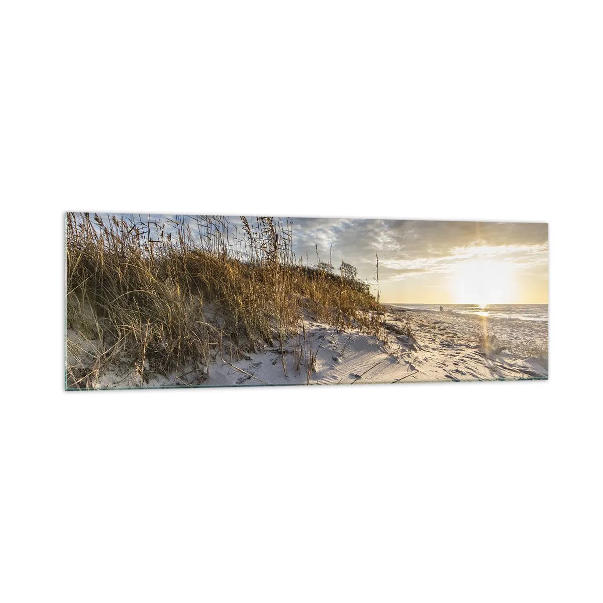 Glasbild - Bild auf glas - Dünen mit Gras und Fußspuren im Sand bei Sonnenuntergang - 160x50cm - Einladung zu einem Spaziergang - Moderne Wanddekoration für Wohnzimmer und Schlafzimmer ARTTOR