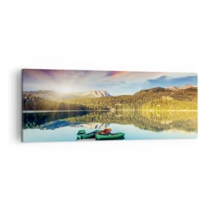 Bild auf Leinwand - Leinwandbild - Sonnenuntergang über dem See mit Booten am Pier - 140x50cm - Glatt wie ein Spiegel über dem Wasser - Moderne Wanddekoration für Wohnzimmer und Schlafzimmer ARTTOR