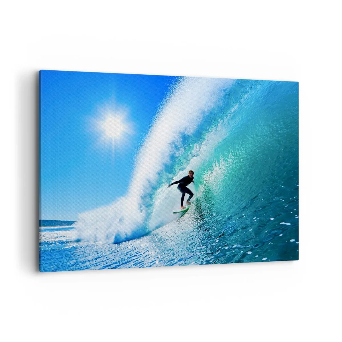 Bild auf Leinwand - Leinwandbild - Ein Surfer auf einem Brett reitet unter blauem Himmel auf einer starken Welle. - 120x80cm - Durch das große Blau - Moderne Wanddekoration für Wohnzimmer und Schlafzimmer ARTTOR