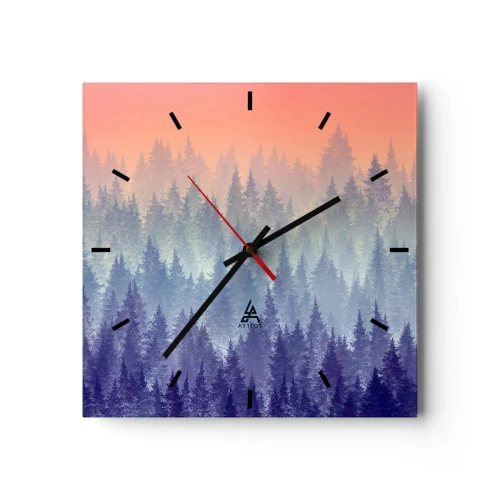 Wanduhr - Glasuhr - Ein nebliger Wald in Lila- und Orangetönen - 30x30cm - Hoch, höher, zum Himmel - Moderne Wanddekoration für Wohnzimmer und Schlafzimmer ARTTOR