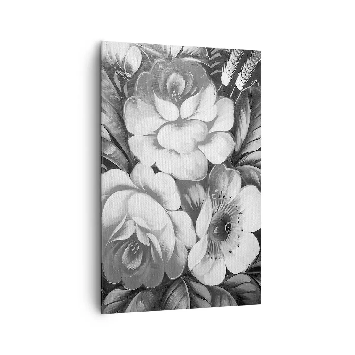 Bild auf Leinwand - Leinwandbild - Schwarze und weiße Blumen in einer klassischen und eleganten Komposition - 80x120cm - Schön auch in Grau - Moderne Wanddekoration für Wohnzimmer und Schlafzimmer ARTTOR