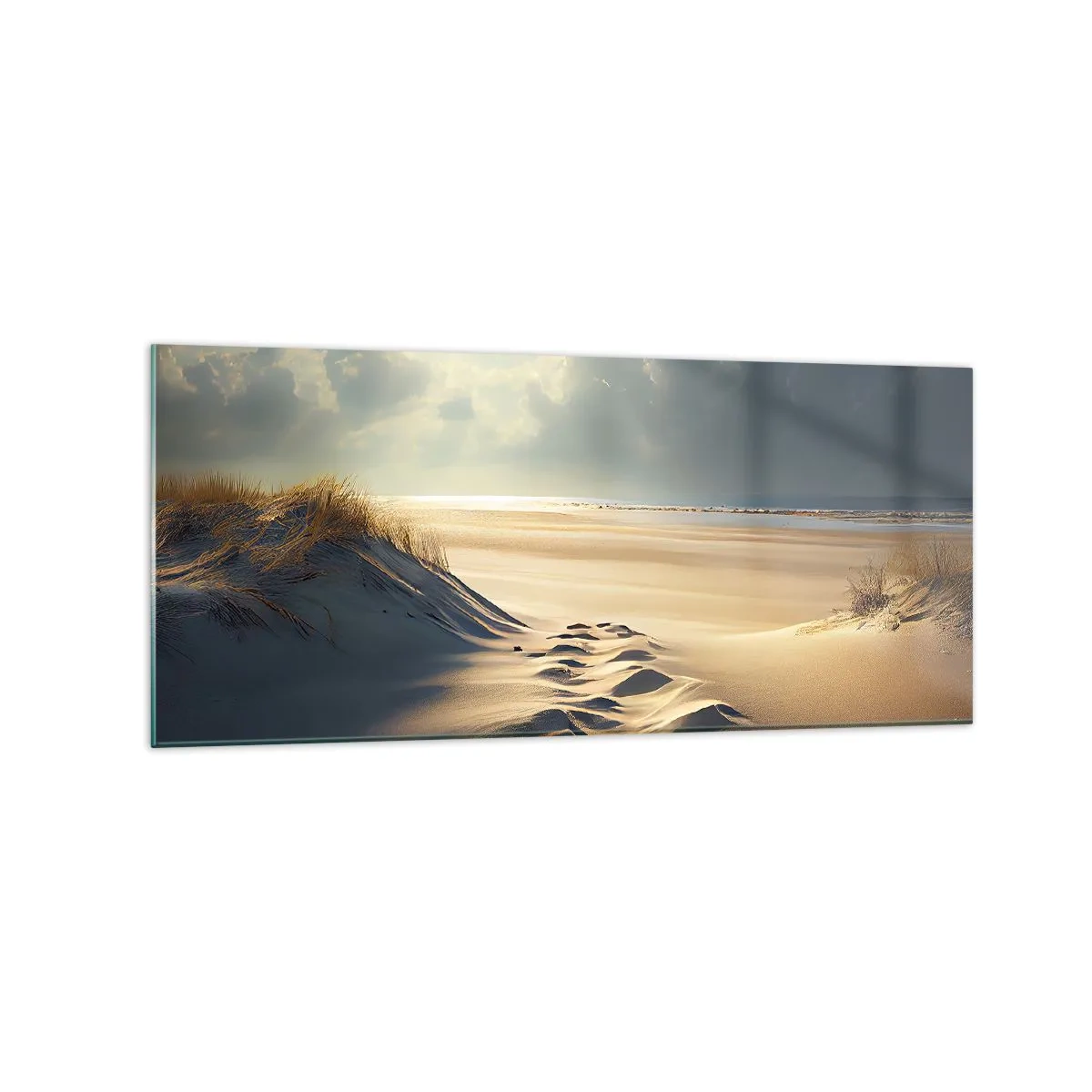 Glasbild - Bild auf glas - Goldene Dünen am Strand bei Sonnenuntergang mit Blick auf das Meer - 120x50cm - Beruhigende Landschaft - Moderne Wanddekoration für Wohnzimmer und Schlafzimmer ARTTOR