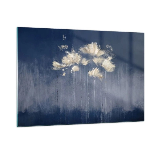 Glasbild - Bild auf glas - Goldenes abstraktes Blumenarrangement auf marineblauem Hintergrund - 120x80cm - Wie Blütenblätter im Wind - Moderne Wanddekoration für Wohnzimmer und Schlafzimmer ARTTOR