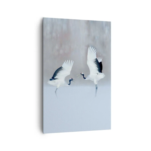 Bild auf Leinwand - Leinwandbild - Zwei Kraniche tanzen in einer nebligen Landschaft - 80x120cm - Tanz im Nebel - Moderne Wanddekoration für Wohnzimmer und Schlafzimmer ARTTOR