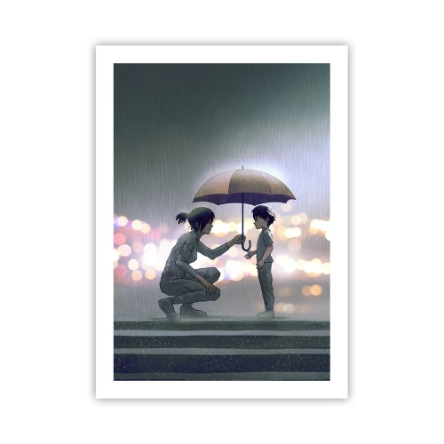 Poster - Ein Erwachsener reicht einem Kind vor einem regnerischen Hintergrund einen Regenschirm - 50x70cm - Und jetzt ist alles in Ordnung - Moderne Wanddekoration für Wohnzimmer und Schlafzimmer ARTTOR