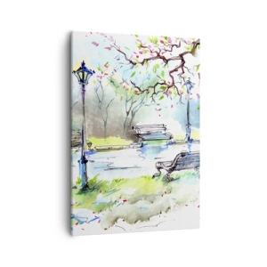 Bild auf Leinwand - Leinwandbild - Aquarell-Parkszene mit Bänken und Lampen - 50x70cm - Der Zauber der Stille des Parks - Moderne Wanddekoration für Wohnzimmer und Schlafzimmer ARTTOR