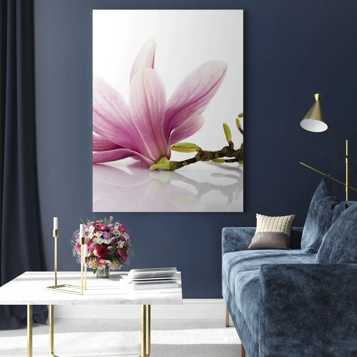 Glasbild - Bild auf glas - Zarte rosa Magnolien auf weißem Hintergrund - 80x120cm - Zart wie ein Frühlingswind - Moderne Wanddekoration für Wohnzimmer und Schlafzimmer ARTTOR