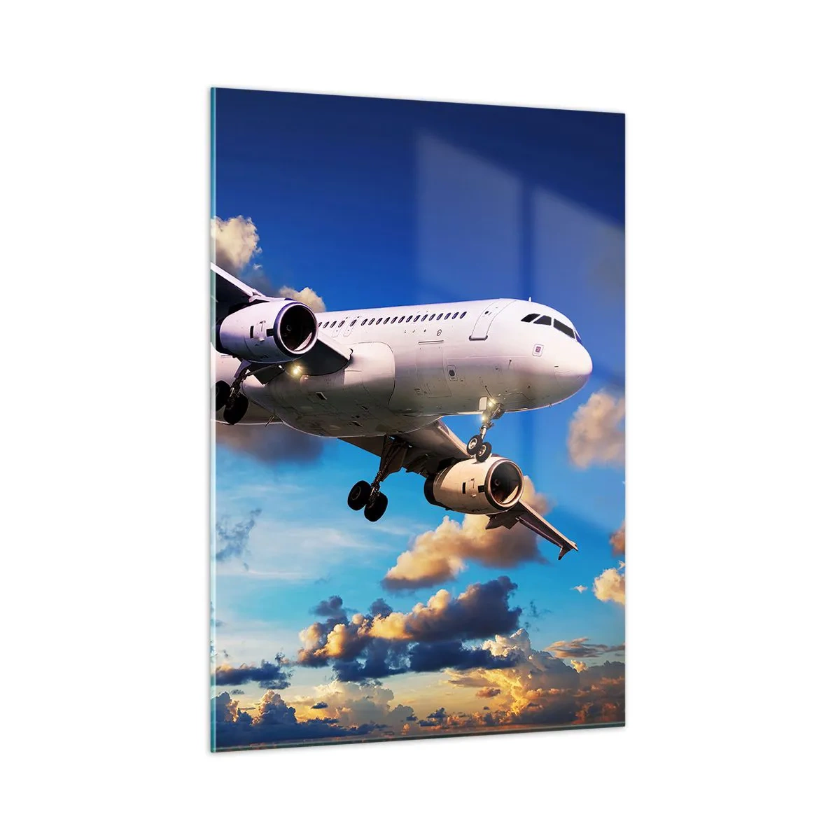 Glasbild - Bild auf glas - Ein Flugzeug im Flug vor einem malerischen Himmel - 50x70cm - Eine Reise in Weiß und Blau - Moderne Wanddekoration für Wohnzimmer und Schlafzimmer ARTTOR