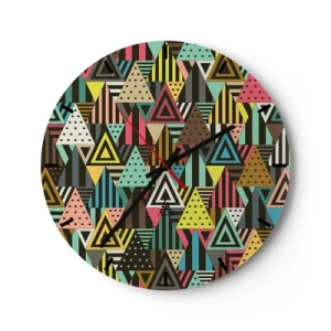 Wanduhr - Glasuhr - Bunte Dreiecke in einem geometrischen Muster auf dunklem Hintergrund - 30x30cm - Im Rhythmus auf drei - Moderne Wanddekoration für Wohnzimmer, Küche und Schlafzimmer ARTTOR