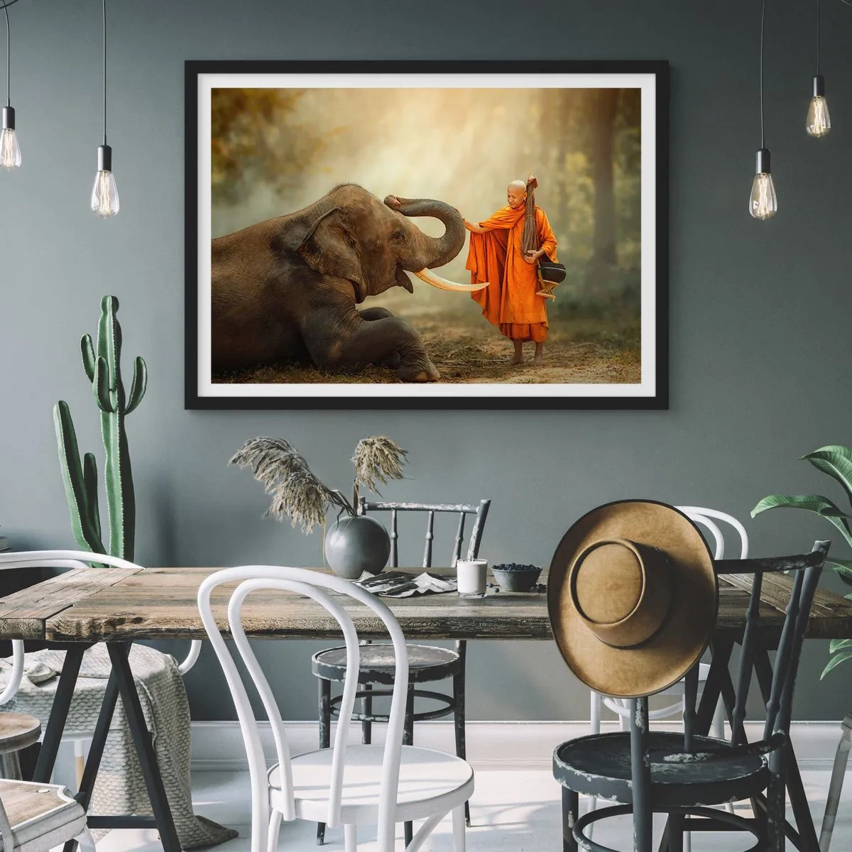 Poster in einem schwarzem Rahmen - Ein Mönch und ein Elefant in Harmonie vor der Kulisse der Natur - 70x50cm - Treffen unterwegs - Moderne Wanddekoration für Wohnzimmer und Schlafzimmer ARTTOR