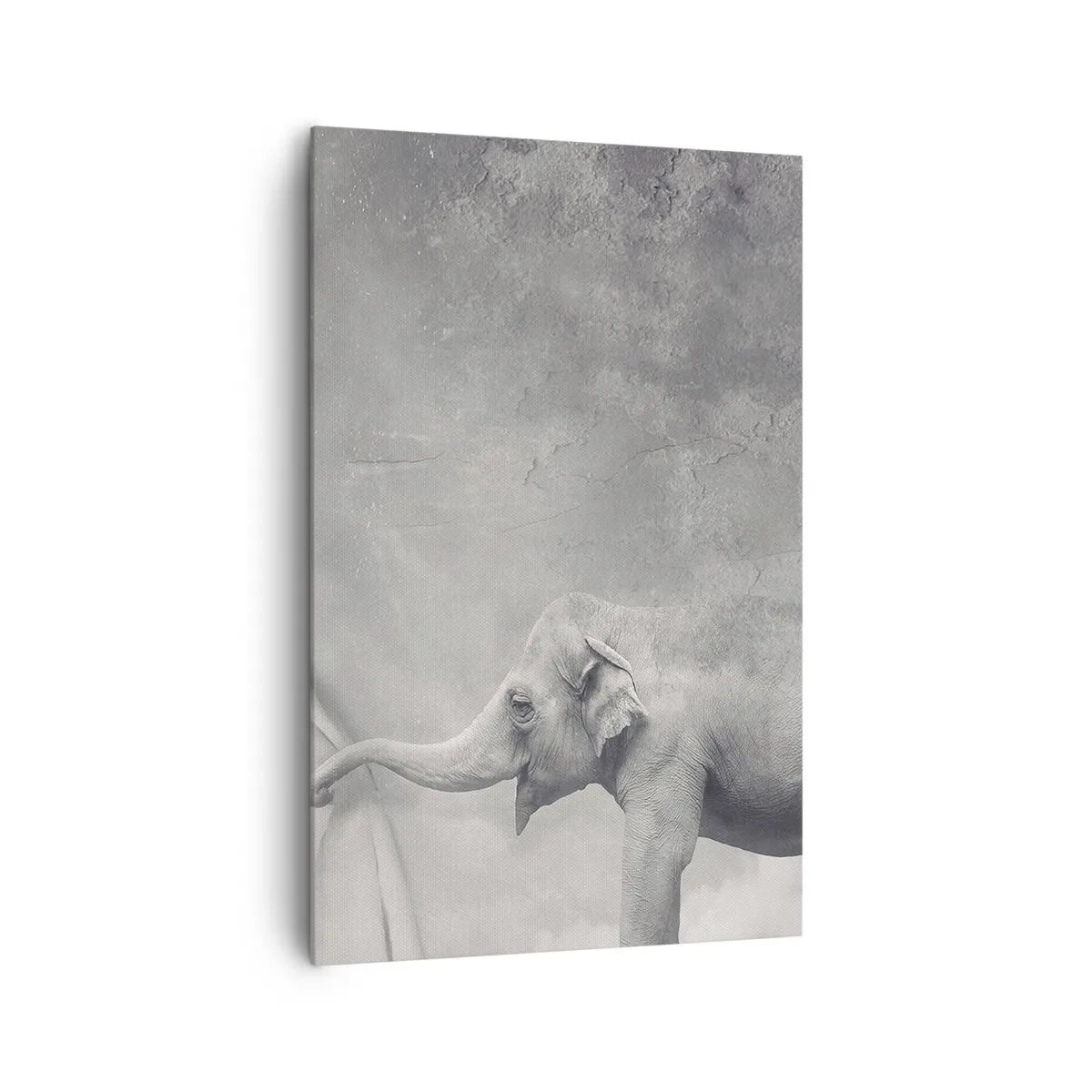Bild auf Leinwand - Leinwandbild - Ein Elefant, der in einer surrealen Schwarzweißaufnahme den Vorhang zurückzieht - 80x120cm - Enthülle das Geheimnis - Moderne Wanddekoration für Wohnzimmer und Schlafzimmer ARTTOR