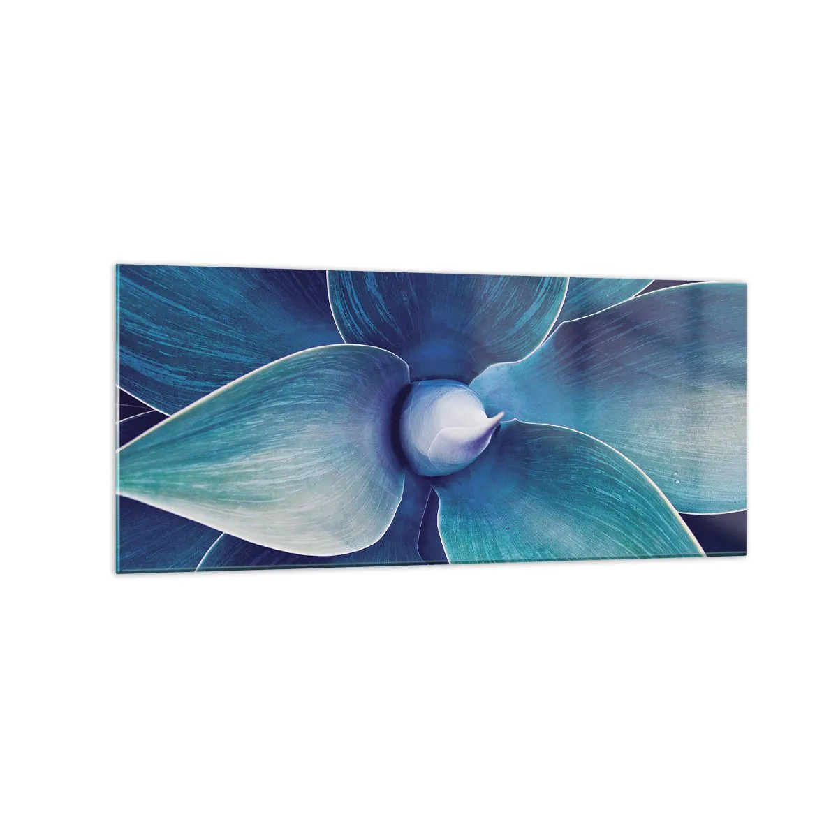 Glasbild - Bild auf glas - Nahaufnahme einer abstrakten Blume in Blautönen - 120x50cm - Bläulich vom Himmel - Moderne Wanddekoration für Wohnzimmer und Schlafzimmer ARTTOR