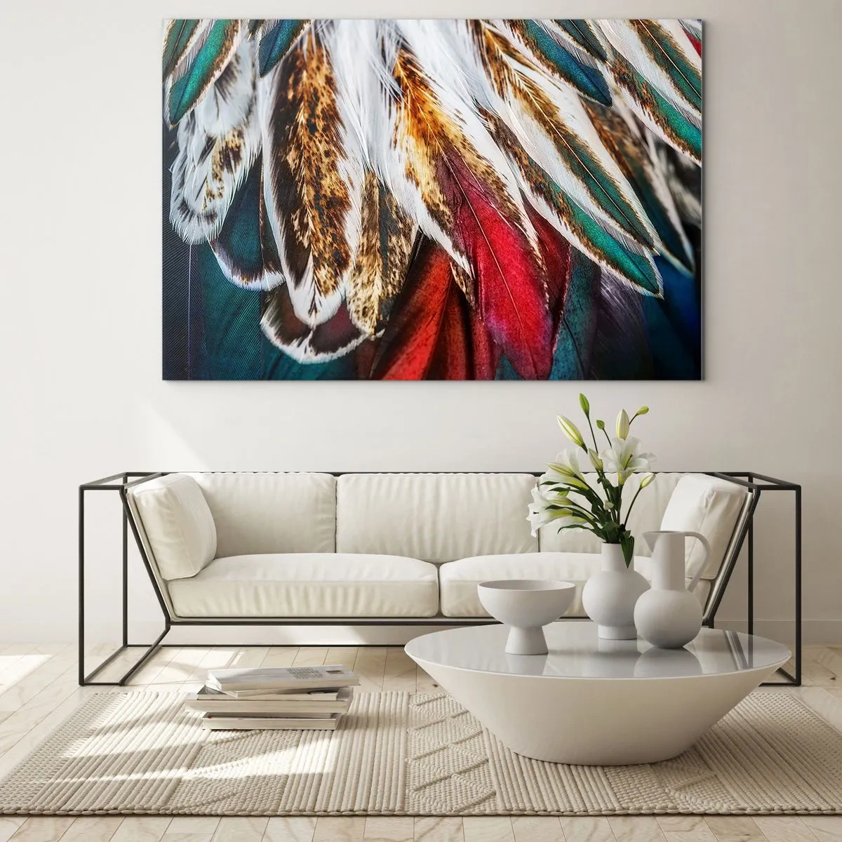 Glasbild - Bild auf glas - Bunte Federn in einer reichen Farbpalette mit einer ausgeprägten Textur - 120x80cm - Geheimnisse des Fliegens - Moderne Wanddekoration für Wohnzimmer und Schlafzimmer ARTTOR