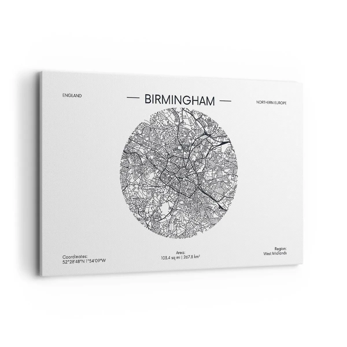 Bild auf Leinwand - Leinwandbild - Eine minimalistische Schwarzweißkarte von Birmingham mit präzisen Details. - 120x80cm - Anatomie von Birmingham - Moderne Wanddekoration für Wohnzimmer und Schlafzimmer ARTTOR