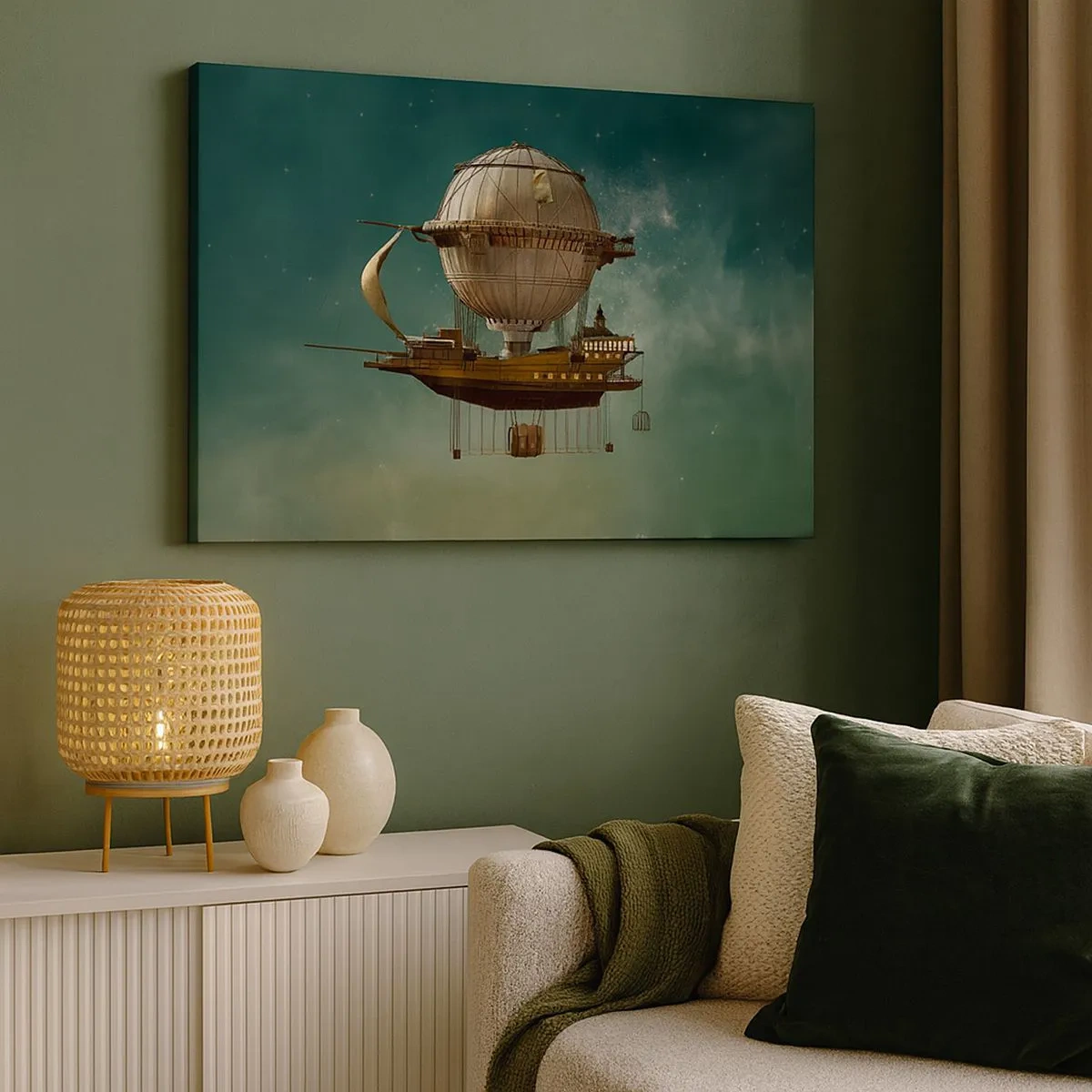 Bild auf Leinwand - Leinwandbild - Ein fantastisches Luftschiff vor dem grünlichen Himmel - 70x50cm - Jules Verne sagt Hallo - Moderne Wanddekoration für Wohnzimmer und Schlafzimmer ARTTOR