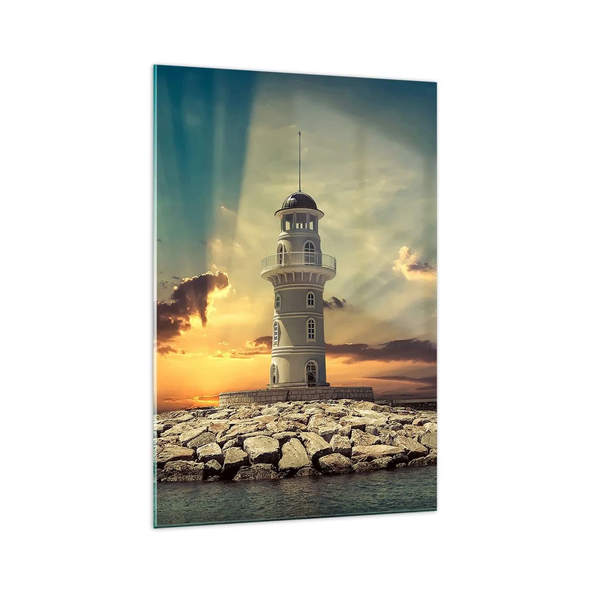 Glasbild - Bild auf glas - Ein Leuchtturm bei Sonnenuntergang gegen den Himmel - 70x100cm - Licht - Gut - Schönheit - Moderne Wanddekoration für Wohnzimmer und Schlafzimmer ARTTOR