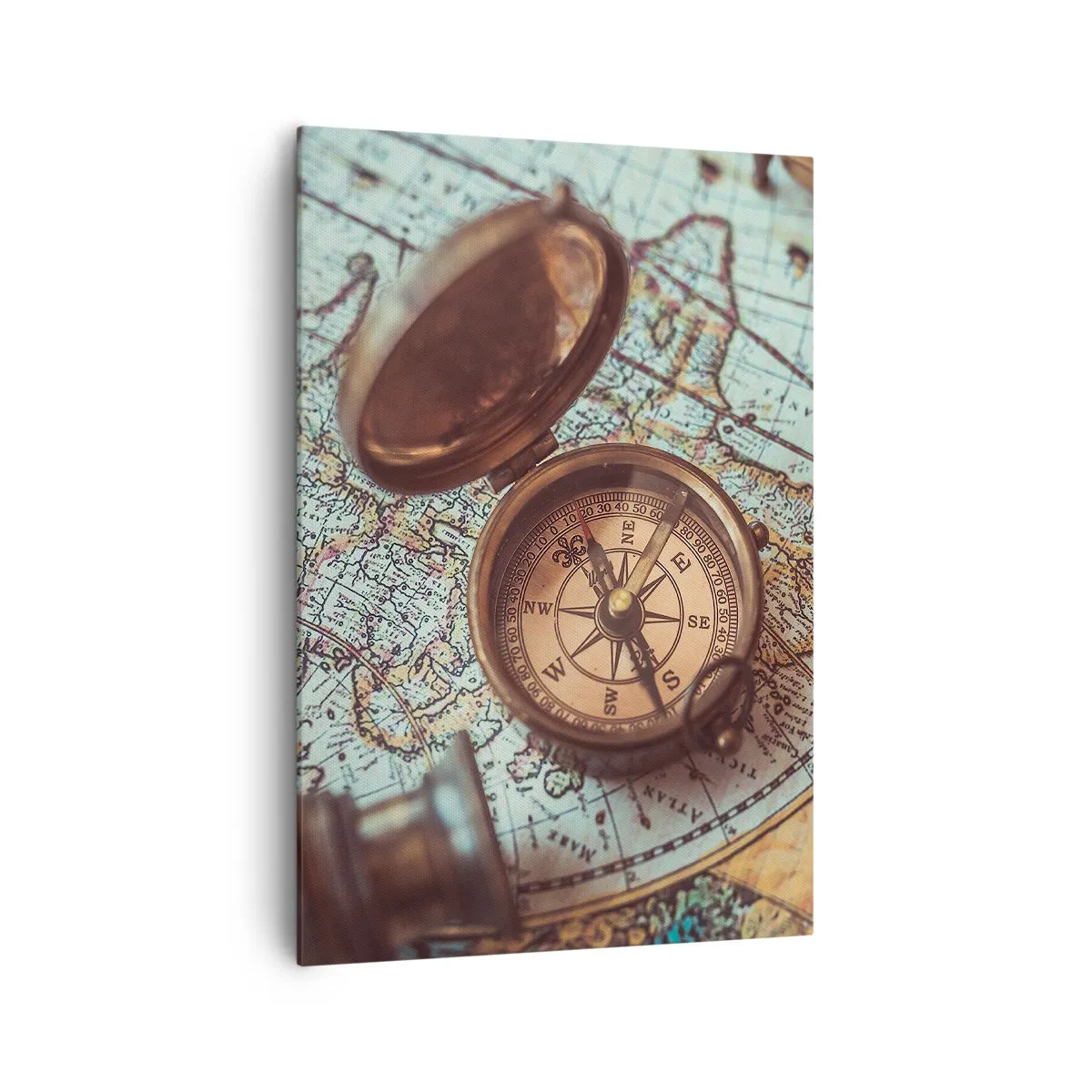 Bild auf Leinwand - Leinwandbild - Komposition mit Kompass, Schlüsseln und einer alten Karte im Retro-Stil - 70x100cm - Für den Abenteurer - Moderne Wanddekoration für Wohnzimmer und Schlafzimmer ARTTOR