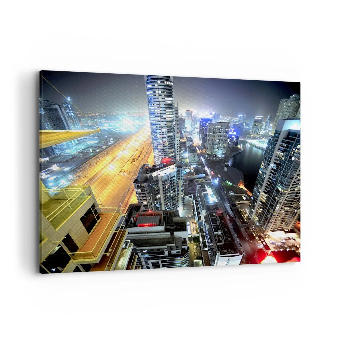 Bild auf Leinwand - Leinwandbild - Panorama der nächtlichen Stadt mit beleuchteten Wolkenkratzern - 100x70cm - Ein Wunder in der Wüste - Moderne Wanddekoration für Wohnzimmer und Schlafzimmer ARTTOR