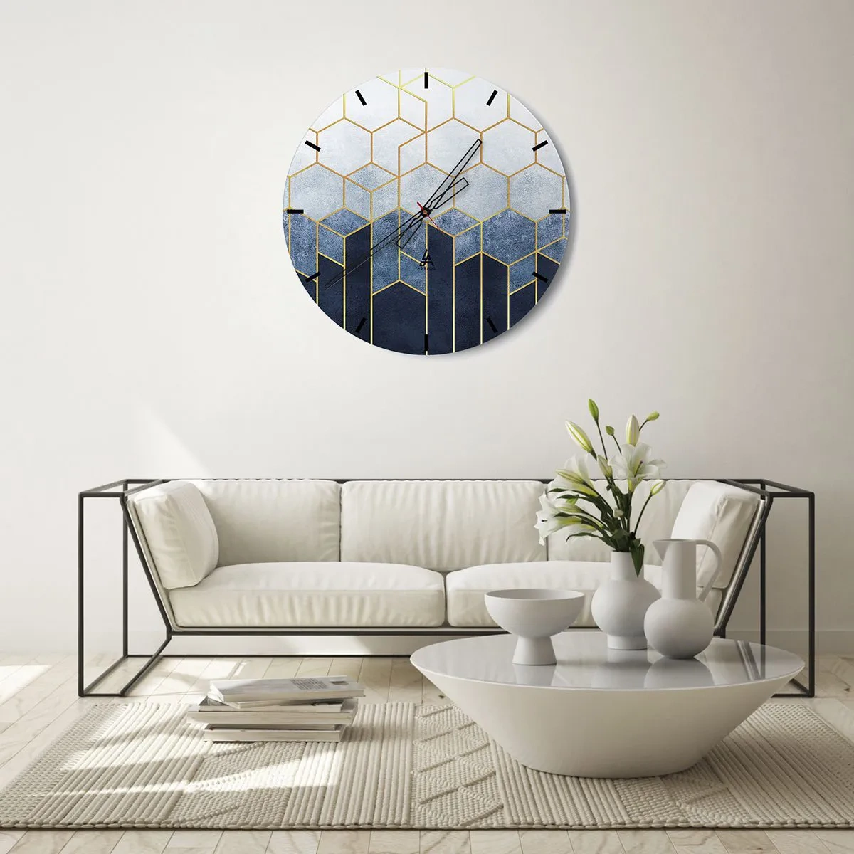 Wanduhr - Glasuhr - Geometrisches Würfelmuster in Blau- und Goldtönen - 30x30cm - Komposition im synkopischen Rhythmus - Moderne Wanddekoration für Wohnzimmer, Küche und Schlafzimmer ARTTOR
