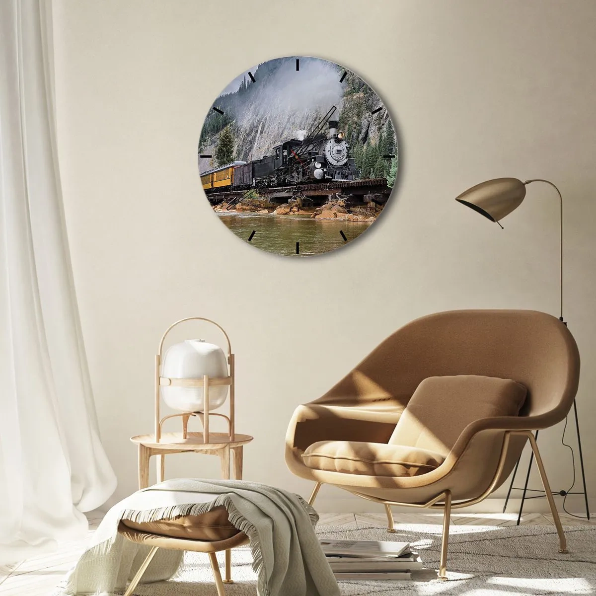 Wanduhr - Glasuhr - Eine Dampflokomotive auf einer Brücke in einer Berglandschaft über einem Fluss - 30x30cm - Wo willst du hin? Wohin? - Moderne Wanddekoration für Wohnzimmer, Küche und Schlafzimmer ARTTOR