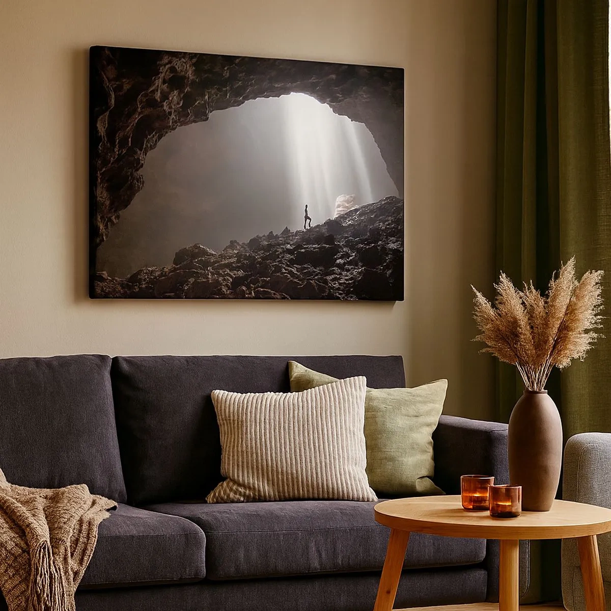 Bild auf Leinwand - Leinwandbild - Eine Figur in einer Höhle, beleuchtet von Lichtstrahlen - 70x50cm - Die leuchtende Grotte - Moderne Wanddekoration für Wohnzimmer und Schlafzimmer ARTTOR