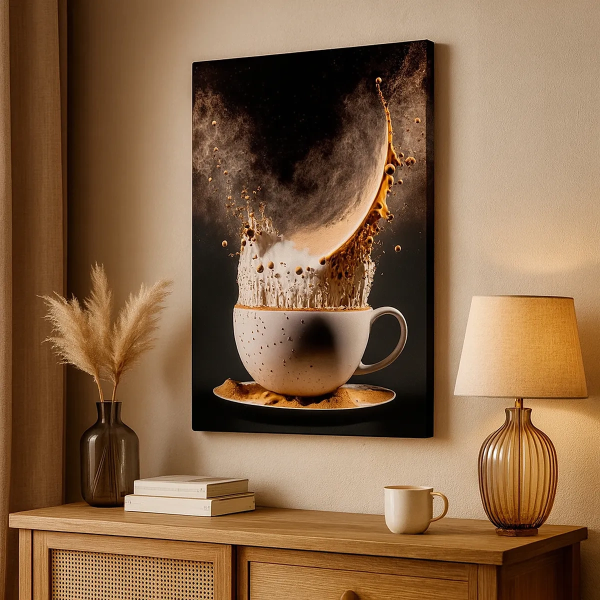 Bild auf Leinwand - Leinwandbild - Eine Tasse Kaffee mit einer dynamischen Flüssigkeitsexplosion auf schwarzem Hintergrund. - 50x70cm - Geschmacksexplosion - Moderne Wanddekoration für Wohnzimmer und Schlafzimmer ARTTOR
