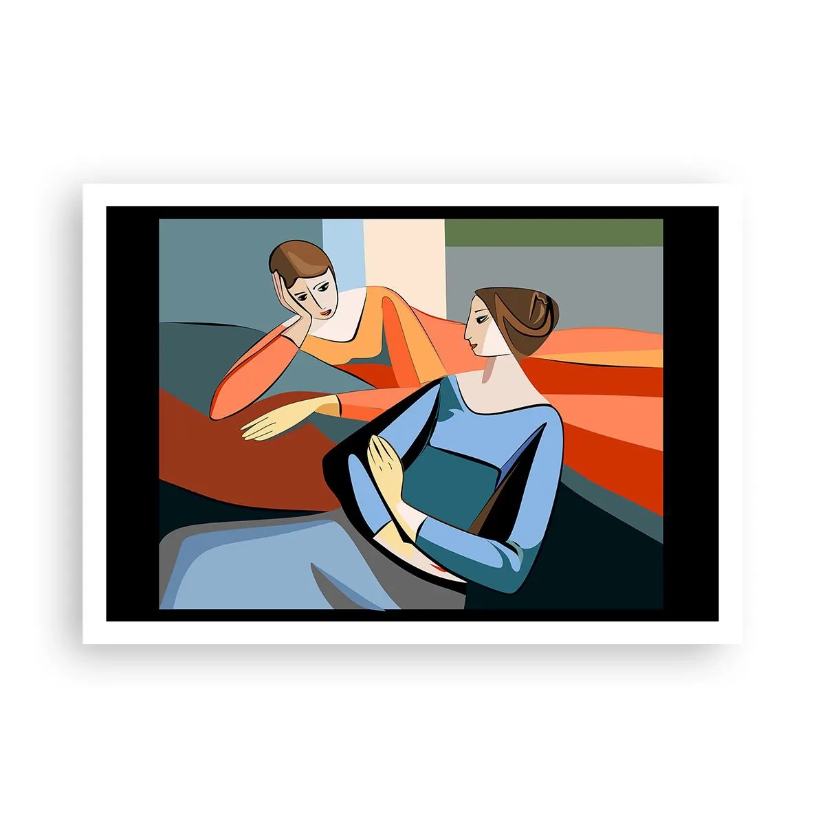 Poster - Abstrakte Darstellung zweier Frauen im kubistischen Stil - 100x70cm - Moment der Zuversicht - Moderne Wanddekoration für Wohnzimmer und Schlafzimmer ARTTOR