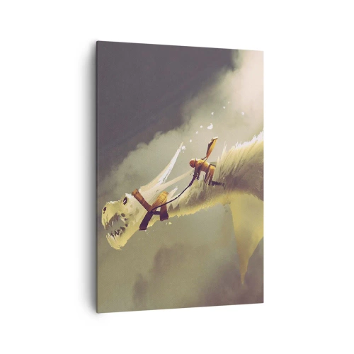 Bild auf Leinwand - Leinwandbild - Illustration eines Drachenreiters in einer Fantasy-Wolkenlandschaft - 70x100cm - Die Welt zur Rettung - Moderne Wanddekoration für Wohnzimmer und Schlafzimmer ARTTOR