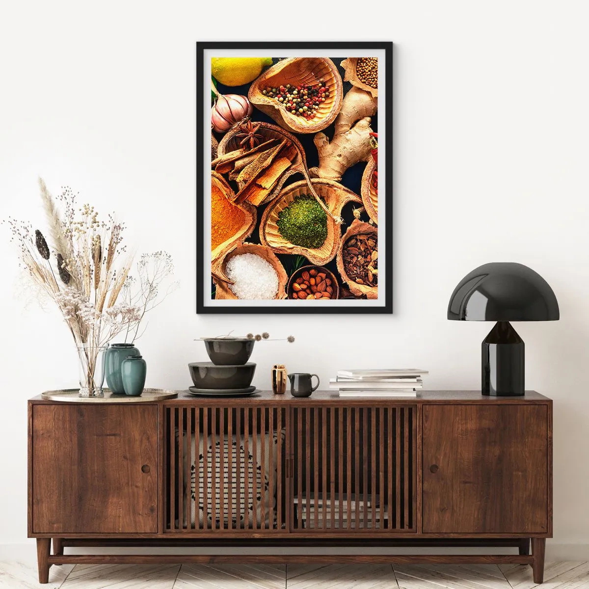 Poster in einem schwarzem Rahmen - Nahaufnahme von Gewürzen in natürlichen Behältern - 50x70cm - Nimm was du willst - Moderne Wanddekoration für Wohnzimmer und Schlafzimmer ARTTOR