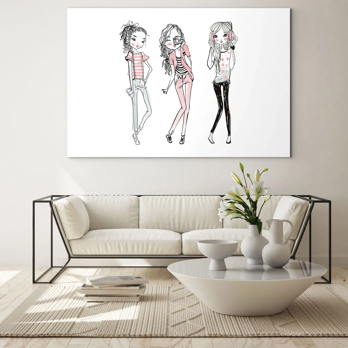 Glasbild - Bild auf glas - Drei stylische Mädchen in Pastellfarben - 70x50cm - Es wird, es wird Spaß machen - Moderne Wanddekoration für Wohnzimmer und Schlafzimmer ARTTOR