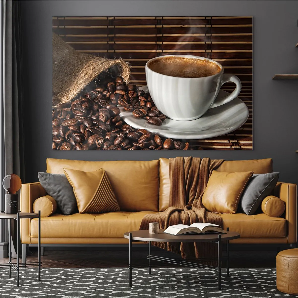 Glasbild - Bild auf glas - Eine Tasse Kaffee mit Bohnen auf rustikalem Hintergrund - 70x50cm - Die Schwärze von Kohle, die Klarheit von Bernstein - Moderne Wanddekoration für Wohnzimmer und Schlafzimmer ARTTOR