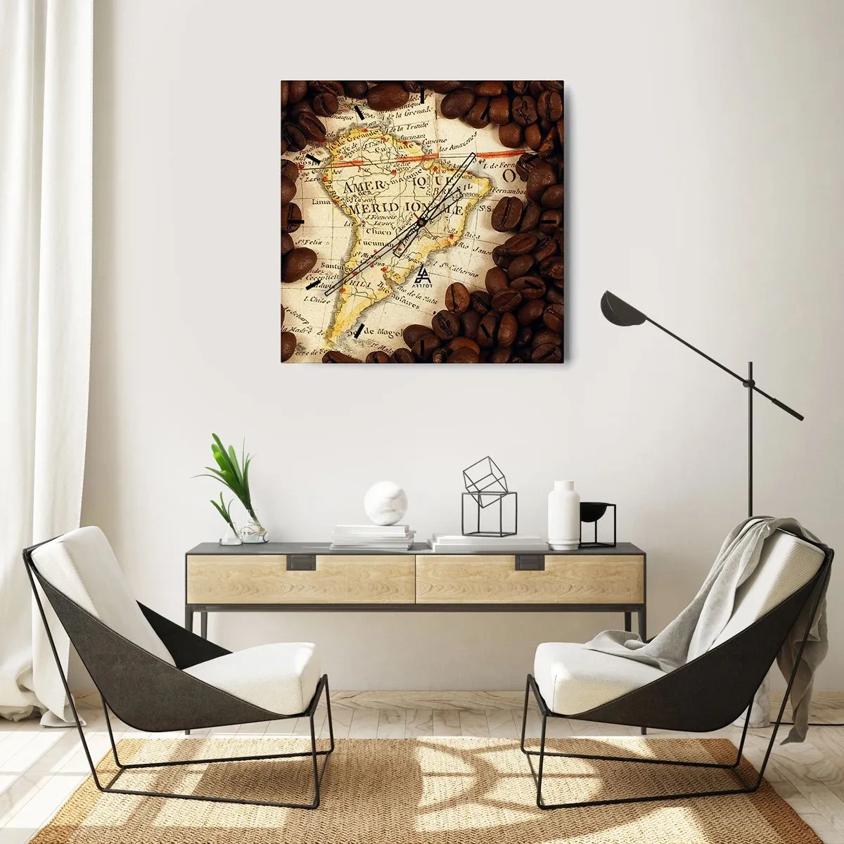 Wanduhr - Glasuhr - Eine Karte von Südamerika, umgeben von Kaffeebohnen. - 30x30cm - Woher kommt der beste Kaffee? - Moderne Wanddekoration für Wohnzimmer und Schlafzimmer ARTTOR