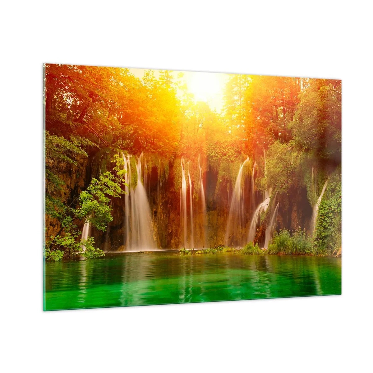 Glasbild - Bild auf glas - Wasserfälle in einem sonnigen Wald mit türkisfarbenem Wasser - 100x70cm - In der Sonne und im Schatten - Moderne Wanddekoration für Wohnzimmer und Schlafzimmer ARTTOR