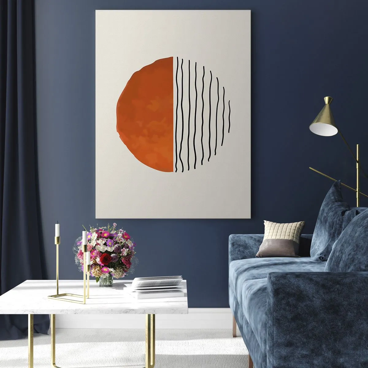 Glasbild - Bild auf glas - Ein minimalistischer Sonnenuntergang über wellenartigen Linien - 80x120cm - Im japanischen Klima - Moderne Wanddekoration für Wohnzimmer und Schlafzimmer ARTTOR