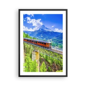 Poster in einem schwarzem Rahmen - Ein Zug auf einer Brücke in den Alpen mit Blick auf das Matterhorn - 50x70cm - Jetzt sind Alpen dran - Moderne Wanddekoration für Wohnzimmer und Schlafzimmer ARTTOR