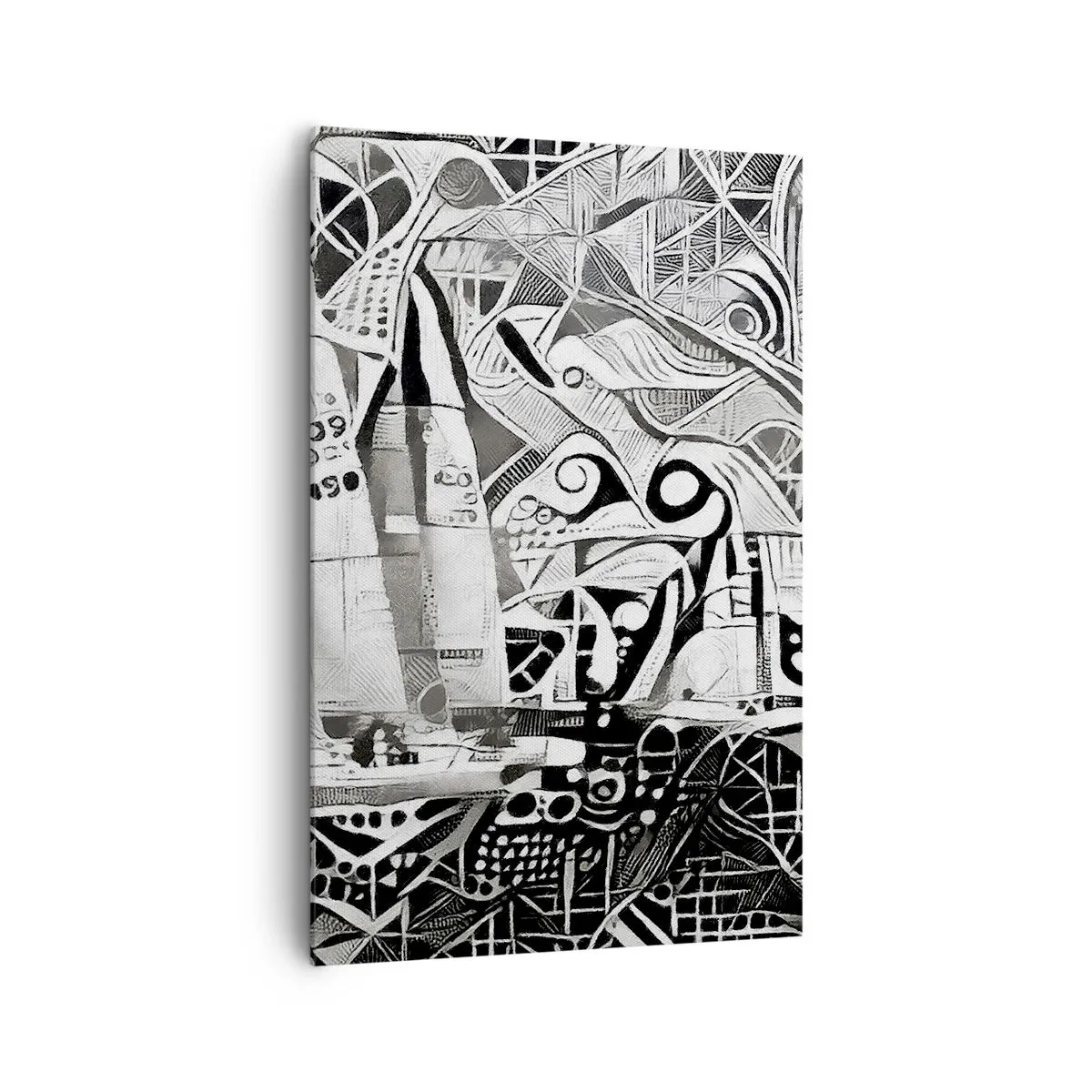 Bild auf Leinwand - Leinwandbild - Abstrakte Segelboote in einer monochromen Komposition - 80x120cm - Zwischen den Wellen - Moderne Wanddekoration für Wohnzimmer und Schlafzimmer ARTTOR