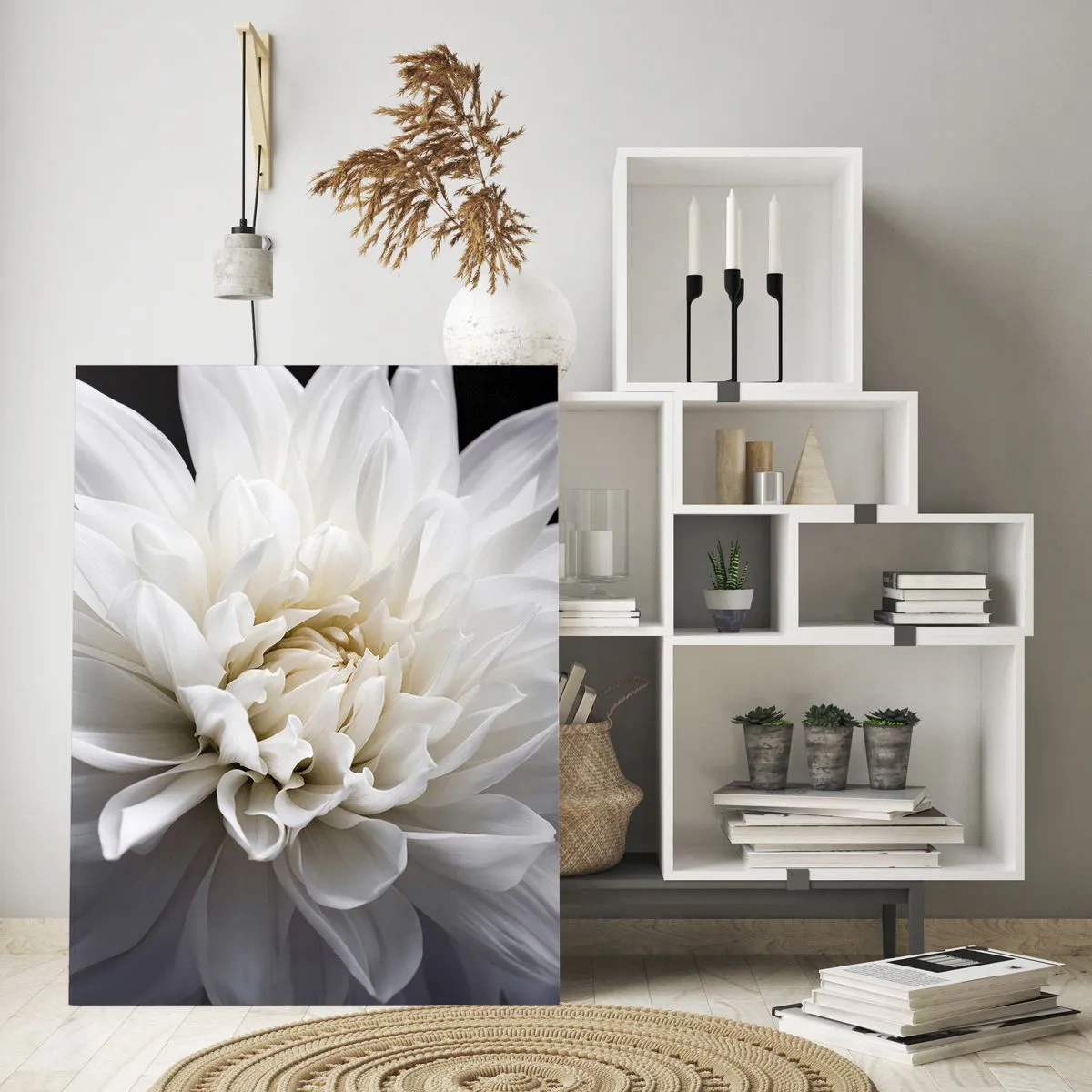 Glasbild - Bild auf glas - Eine zarte weiße Blume auf schwarzem Hintergrund in einer eleganten Komposition - 70x100cm - Der Morgen der Braut - Moderne Wanddekoration für Wohnzimmer und Schlafzimmer ARTTOR