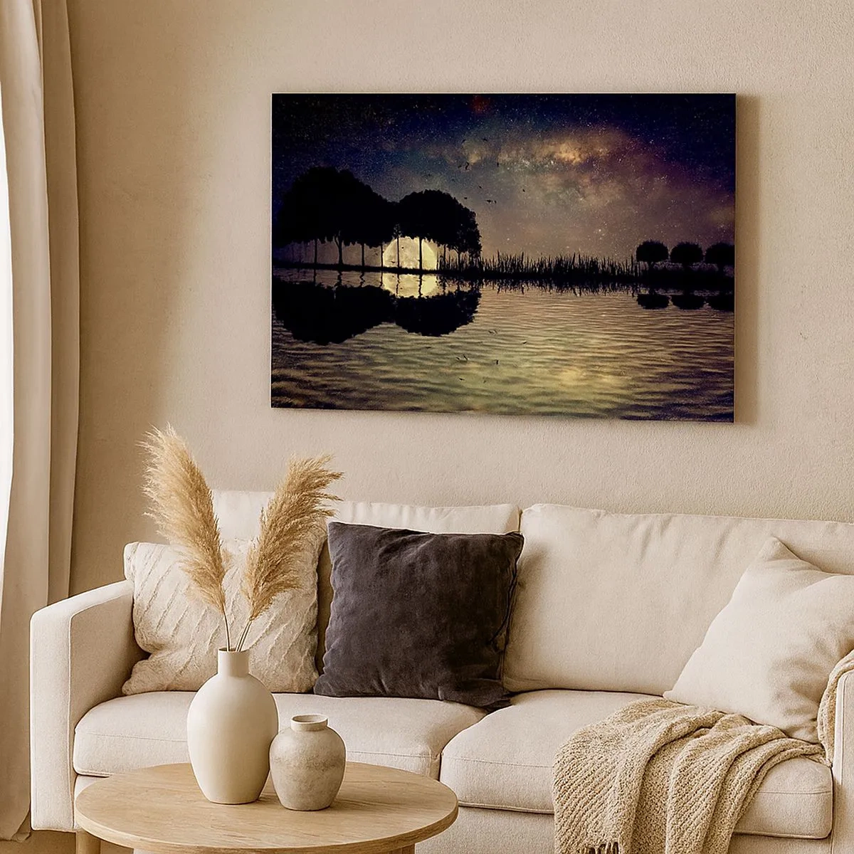 Bild auf Leinwand - Leinwandbild - Eine magische Nacht mit Bäumen und dem Mond, der sich im Wasser spiegelt - 70x50cm - Nacht am Ende der Welt - Moderne Wanddekoration für Wohnzimmer und Schlafzimmer ARTTOR