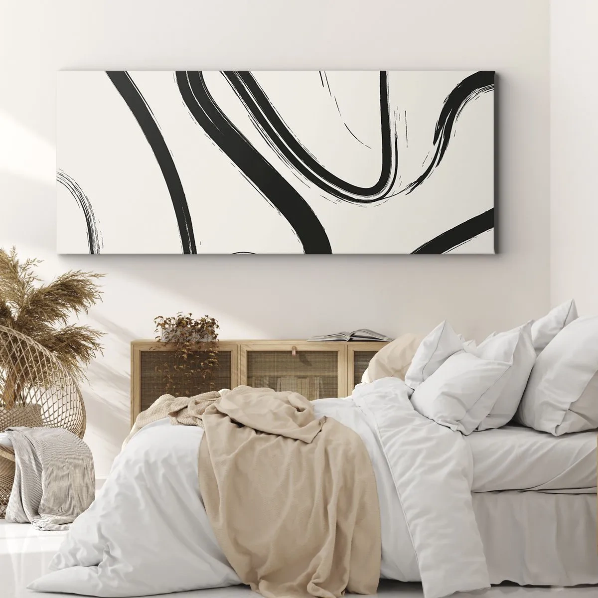Bild auf Leinwand - Leinwandbild - Schwarz-weiße geschwungene Linien auf hellem Hintergrund - 140x50cm - Schwarz-Weiß-Laune - Moderne Wanddekoration für Wohnzimmer und Schlafzimmer ARTTOR