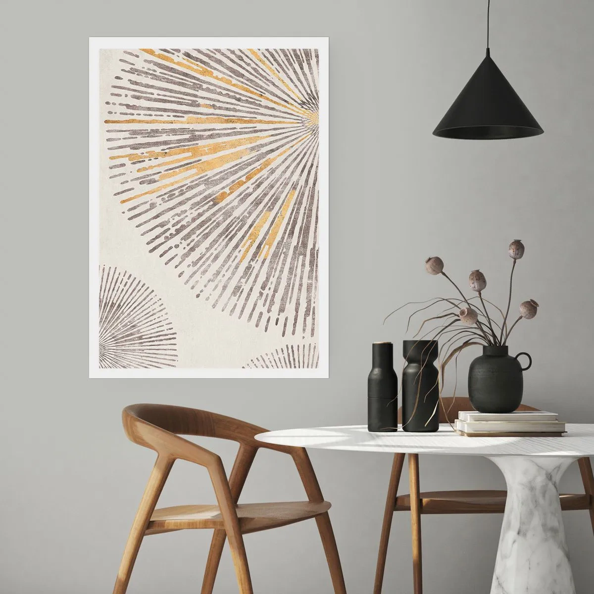 Poster - Abstraktes Strahlenmuster in Gold- und Brauntönen - 50x70cm - Schönheit des Strahls - Moderne Wanddekoration für Wohnzimmer und Schlafzimmer ARTTOR