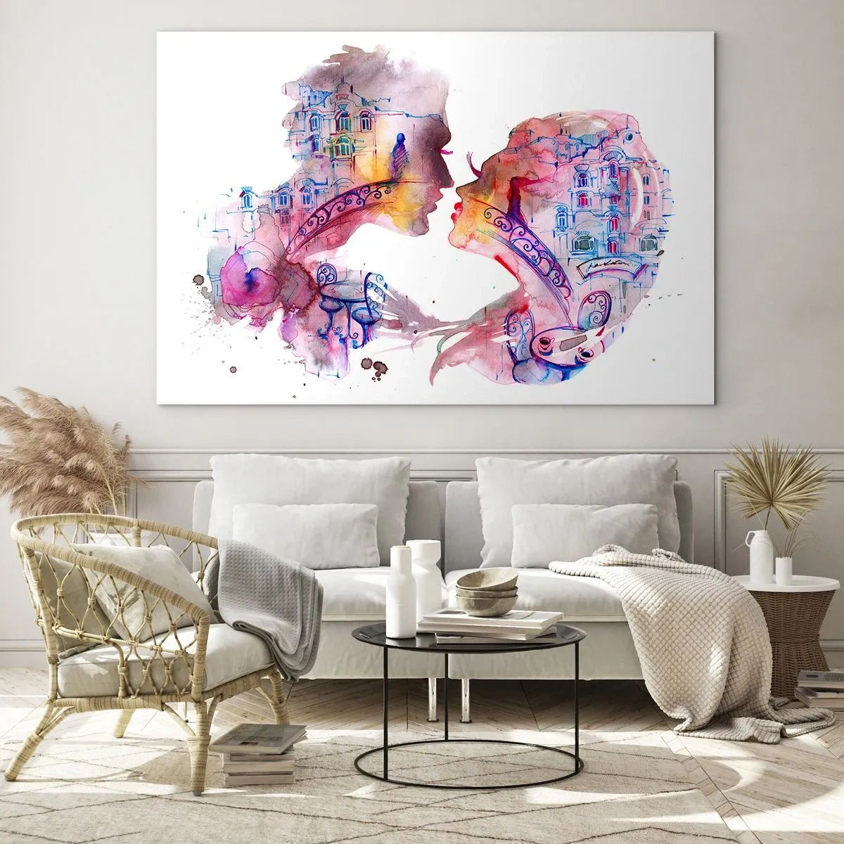 Glasbild - Bild auf glas - Illustration eines abstrakten Porträts zweier Menschen in Form eines Herzens - 120x80cm - Die geheime Seufzerbrücke - Moderne Wanddekoration für Wohnzimmer und Schlafzimmer ARTTOR