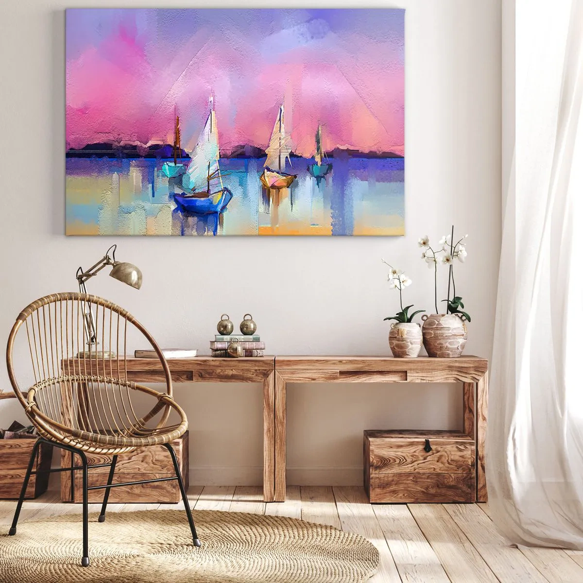 Bild auf Leinwand - Leinwandbild - Segelboote auf ruhigem Meer in den Pastellfarben des Sonnenuntergangs - 100x70cm - Richtung: breites Wasser - Moderne Wanddekoration für Wohnzimmer und Schlafzimmer ARTTOR