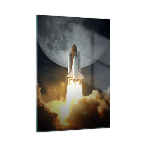 Glasbild - Bild auf glas - Der Start einer Weltraumrakete vor dem Hintergrund des Mondes und des Nachthimmels. - 50x70cm - Beginn eines überirdischen Abenteuers - Moderne Wanddekoration für Wohnzimmer und Schlafzimmer ARTTOR