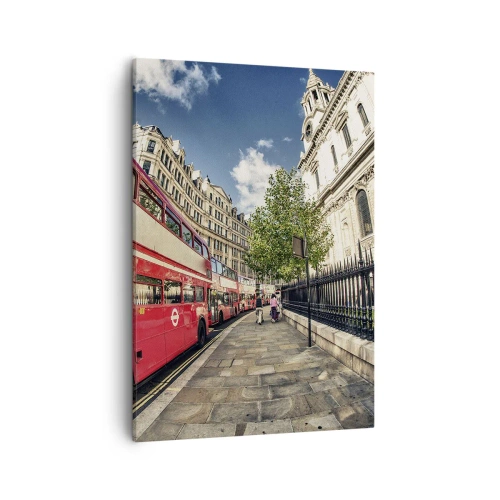 Bild auf Leinwand - Leinwandbild - Roter Doppeldeckerbus in London in der Nähe der Straße und der Kathedrale - 50x70cm - Londoner Straße in Grau und Rot - Moderne Wanddekoration für Wohnzimmer und Schlafzimmer ARTTOR