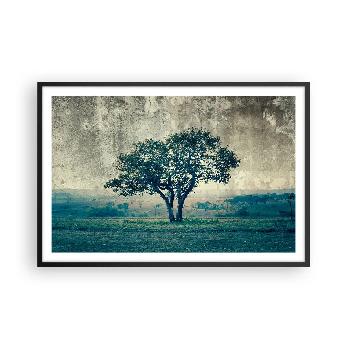 Poster in einem schwarzem Rahmen - Ein Apfelbaum auf blauem Feld? - 91x61 cm
